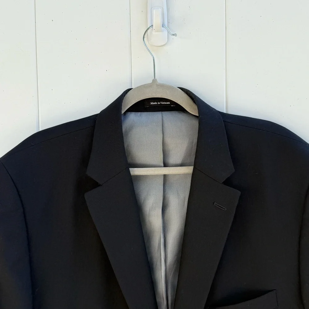 Black Wool Blazer Mens 46L Double Gold Crested Buttons Wedding Guest Coat/Jacket